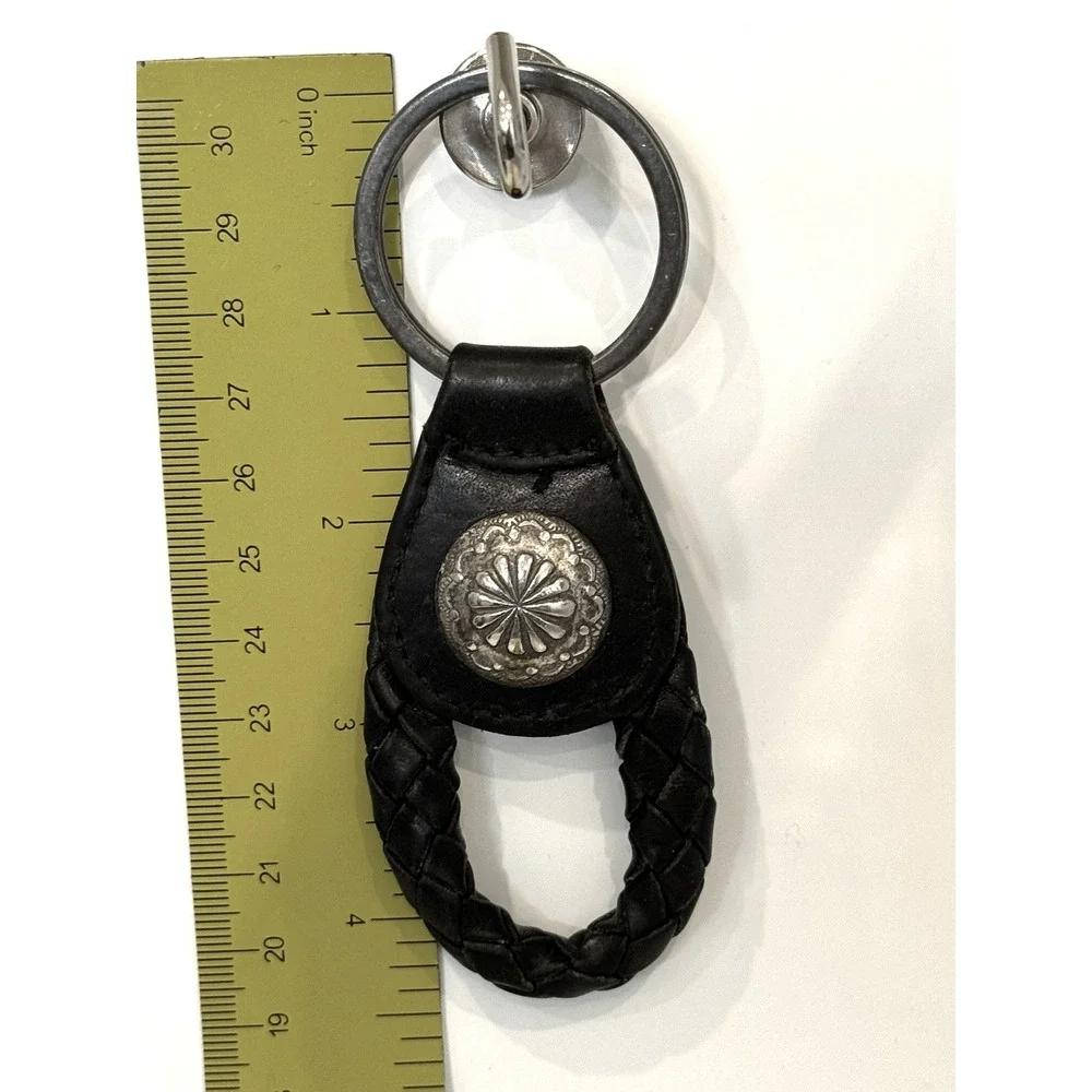 Vintage Braided Leather Keychain Western Silver Sunburst Concho Fob Black